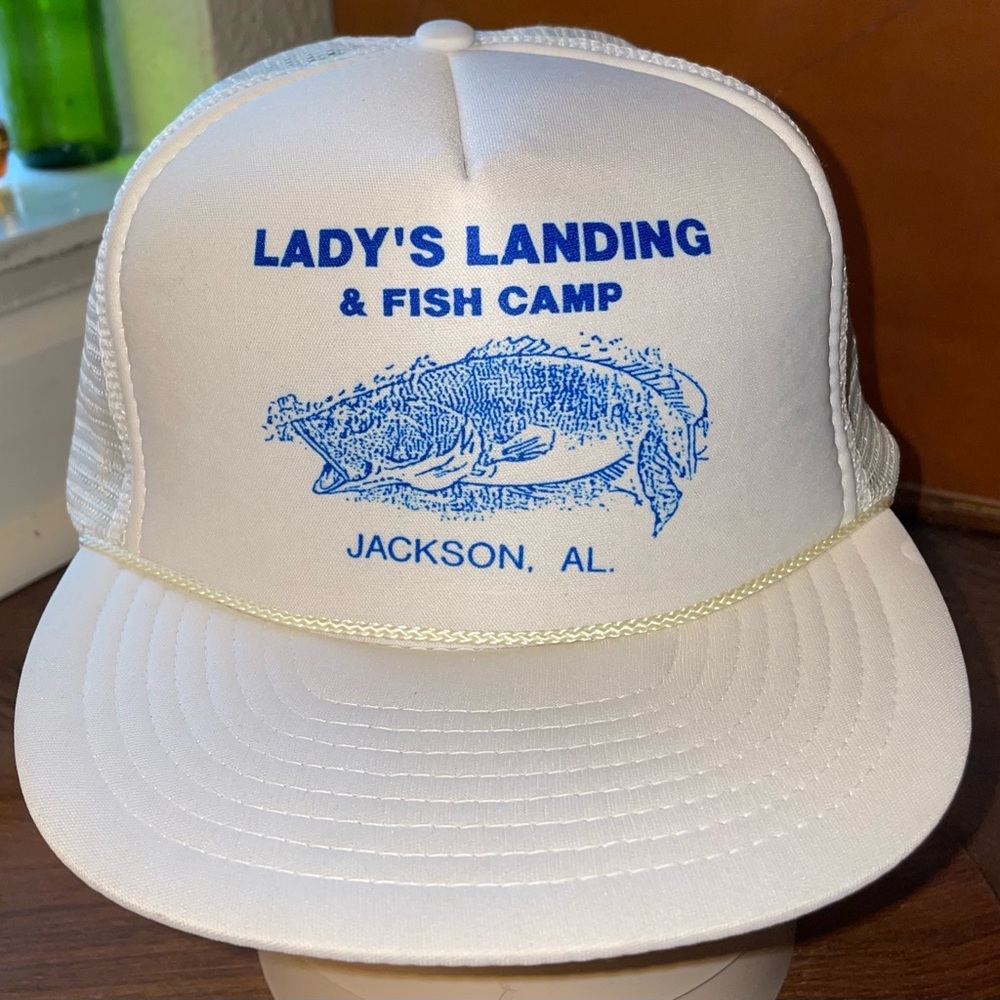 Vintage truckers hat lady’s landing Jackson Alabama white blue